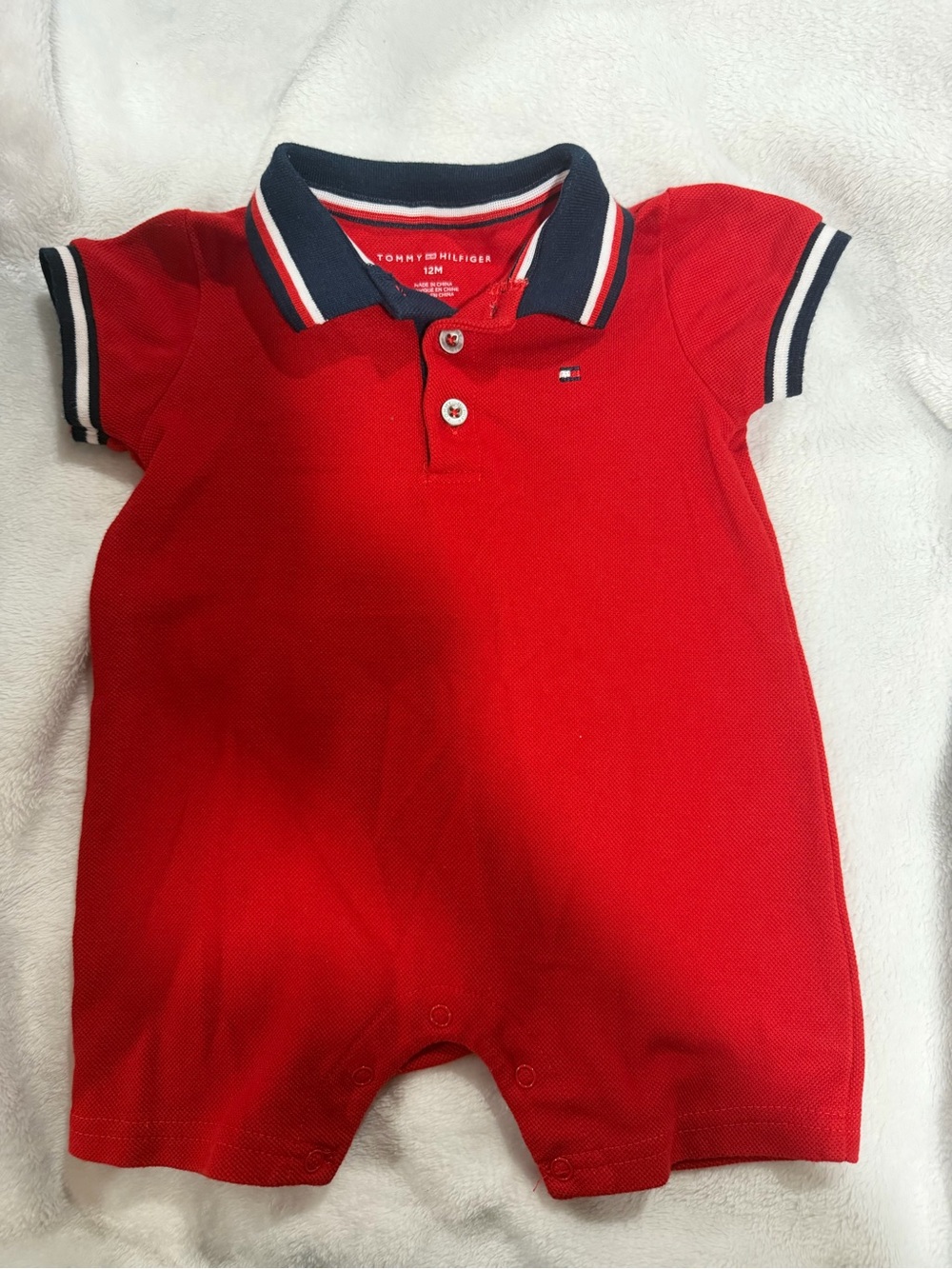 Tommy Hilfiger Red Polo Baby One-Piece with Navy Trim